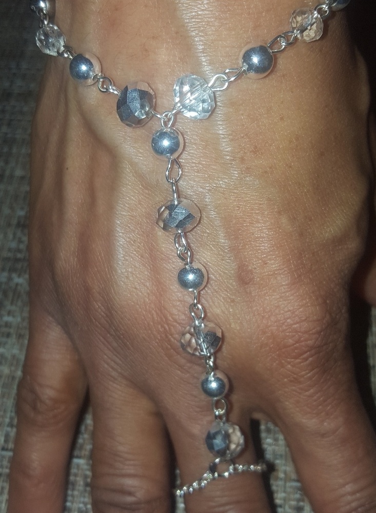 7.5" Silver & Clear Handmade Beaded Slave Bracelet